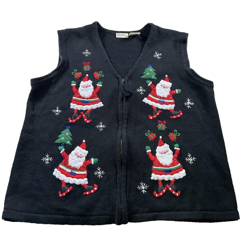 Bobbie Brooks Sweater Vest Womens Large Black Christmas Santa Zip Front